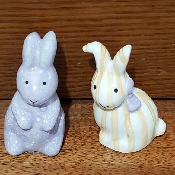 2 sets Purple & Peach Striped Quilted Bunny Mini Salt & Pepper Shakers rabbit - Picture 9 of 10